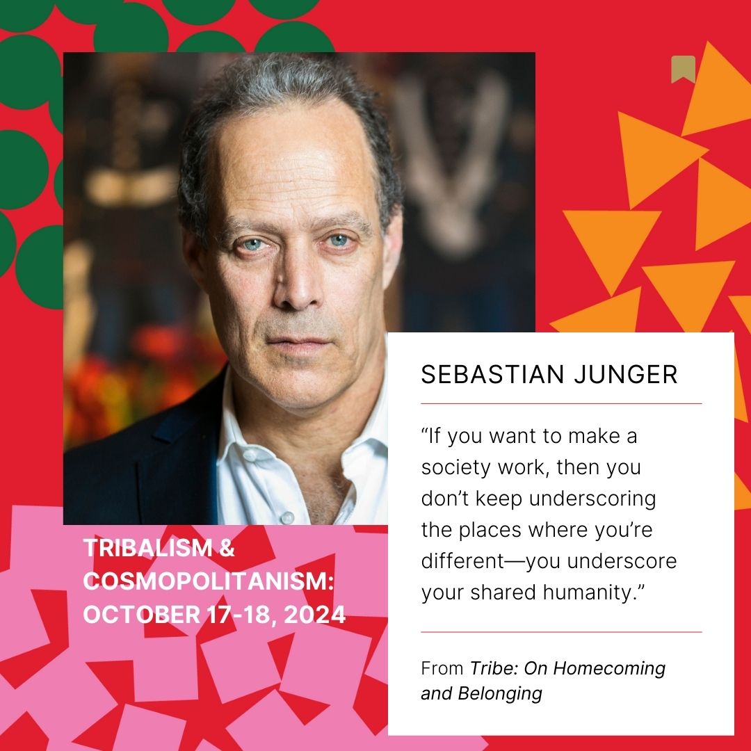 A flyer featuring speaker Sebastian Junger against a patterned background.; Sebastian Junger on Tribalism and the Human Condition