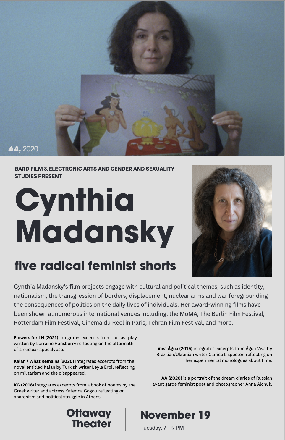 A flyer for a talk with Cynthia Madansky.; Screening of Five Radical Feminist Shorts by Cynthia Madansky