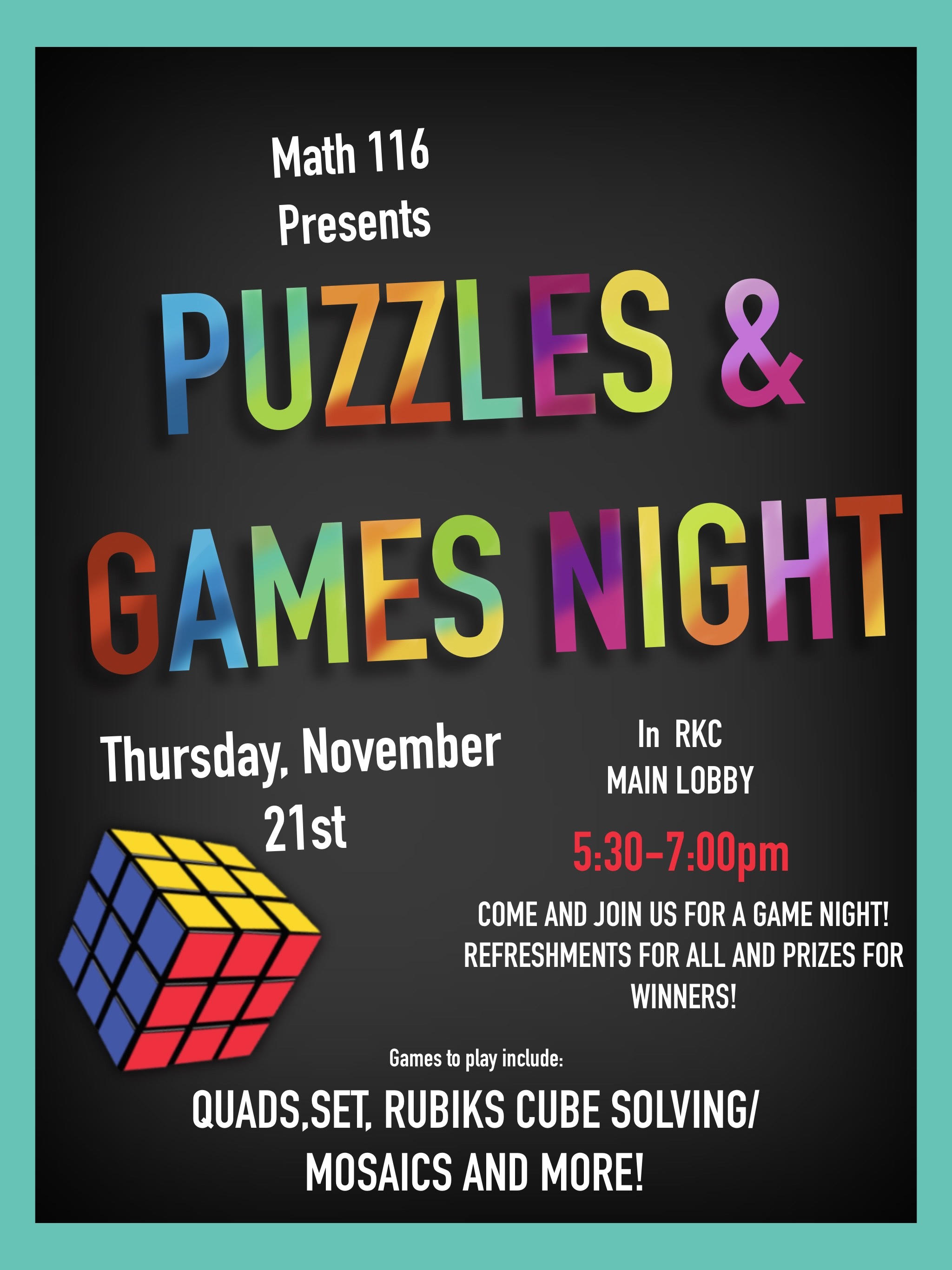 Flyer for puzzle and games math night.; Puzzles and Games Night