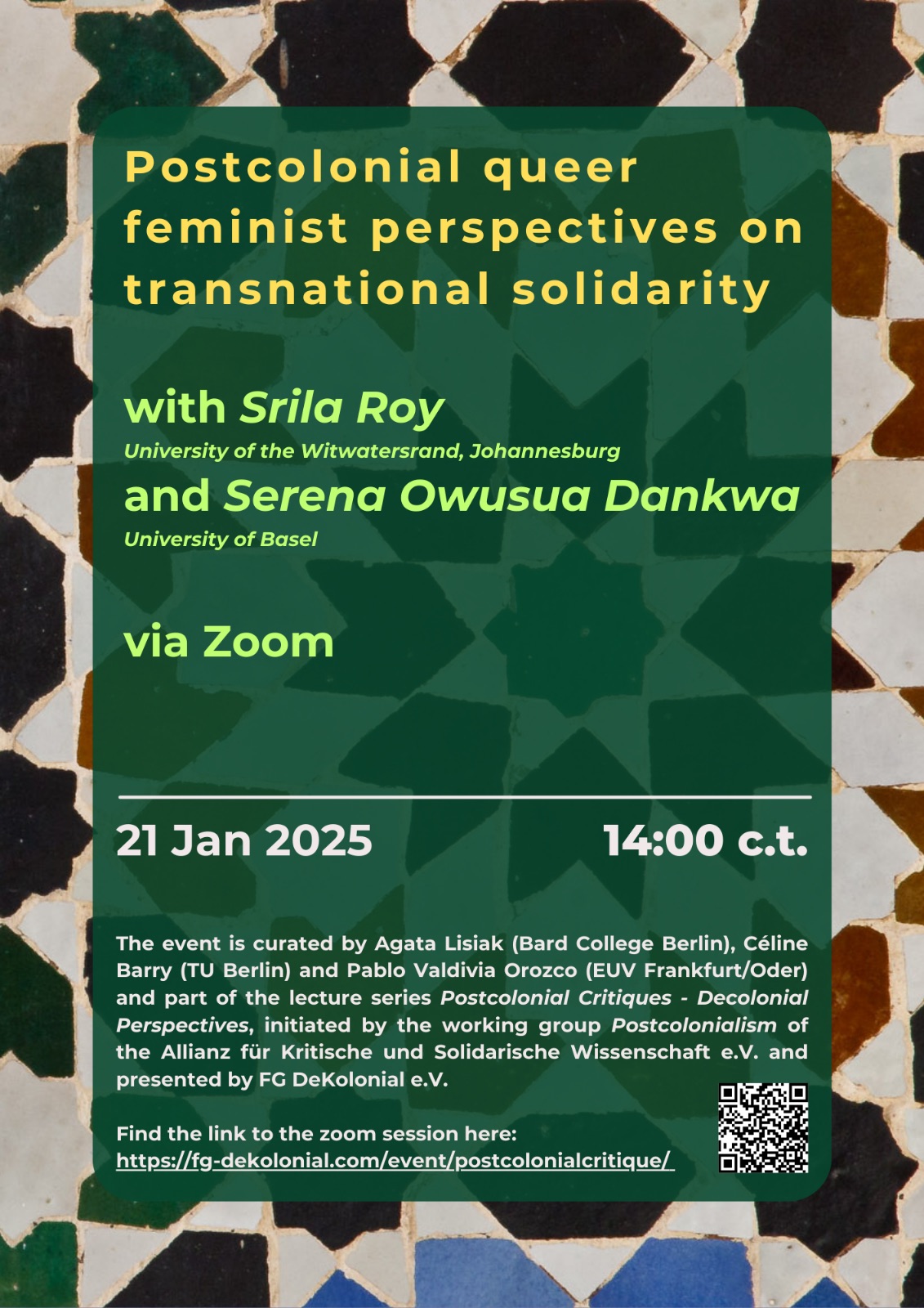 Poster for Postcolonial Queer Feminist Perspectives on Transnational Solidarity; Postcolonial Queer Feminist Perspectives on Transnational Solidarity