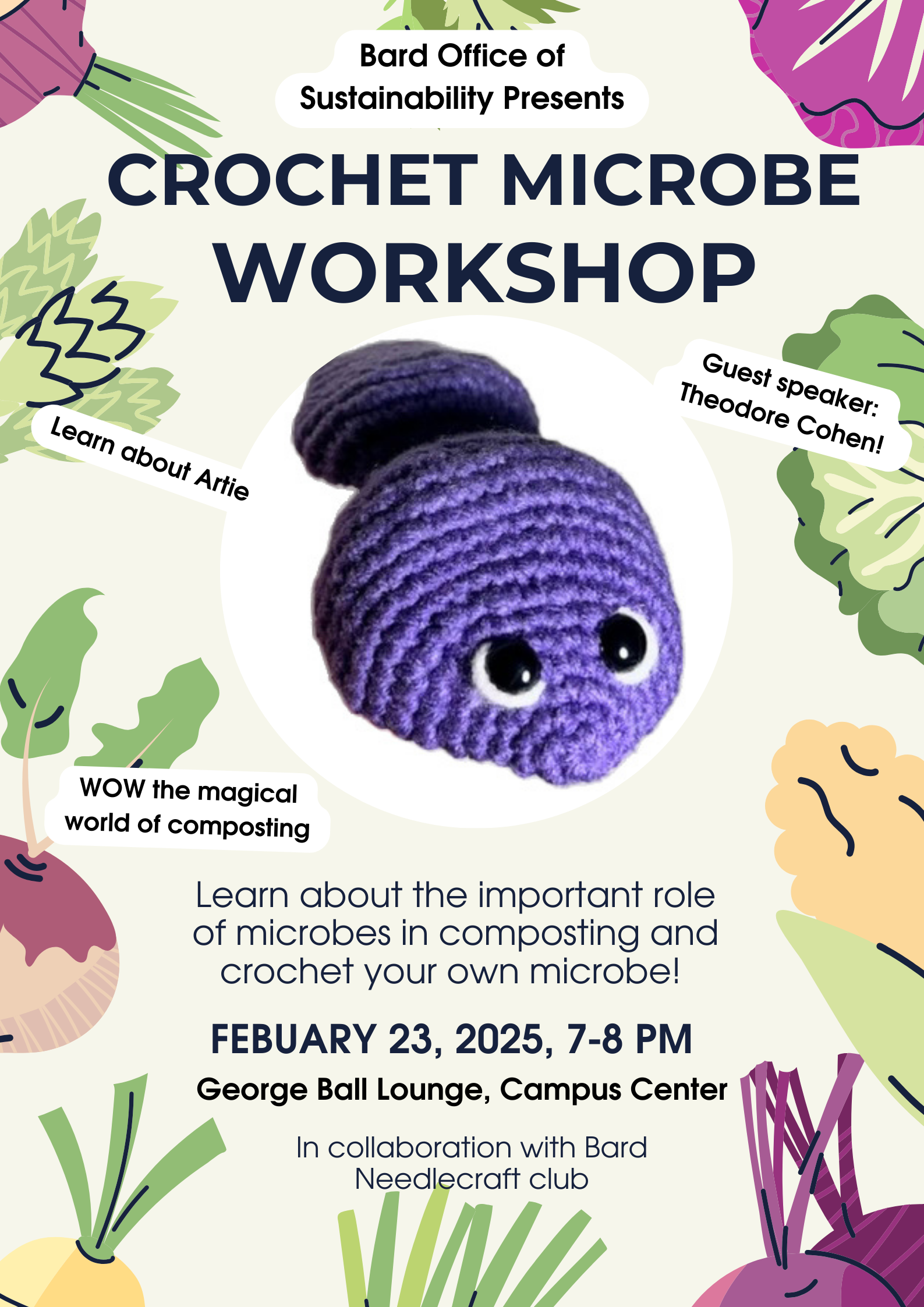 A small purple microbe with googly eyes made of yarn on a poster advertising a crochet workshop.; Crochet Microbe Workshop