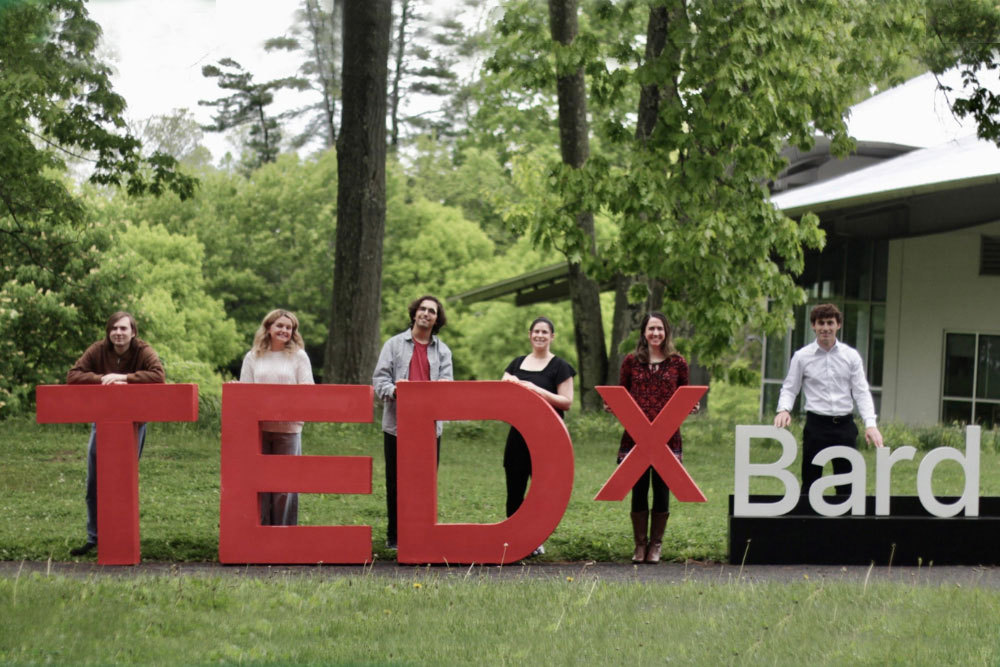 L–R: TEDx Bard organizers Tom Chitwood, first, Emily O'Rourke, second, Jay Siegal, third, and Thanasis Kostikas, sixth, are joined by Center for Civic Engagement project advisors Chaya Huber, fourth, and Sarah deVeer, fifth.