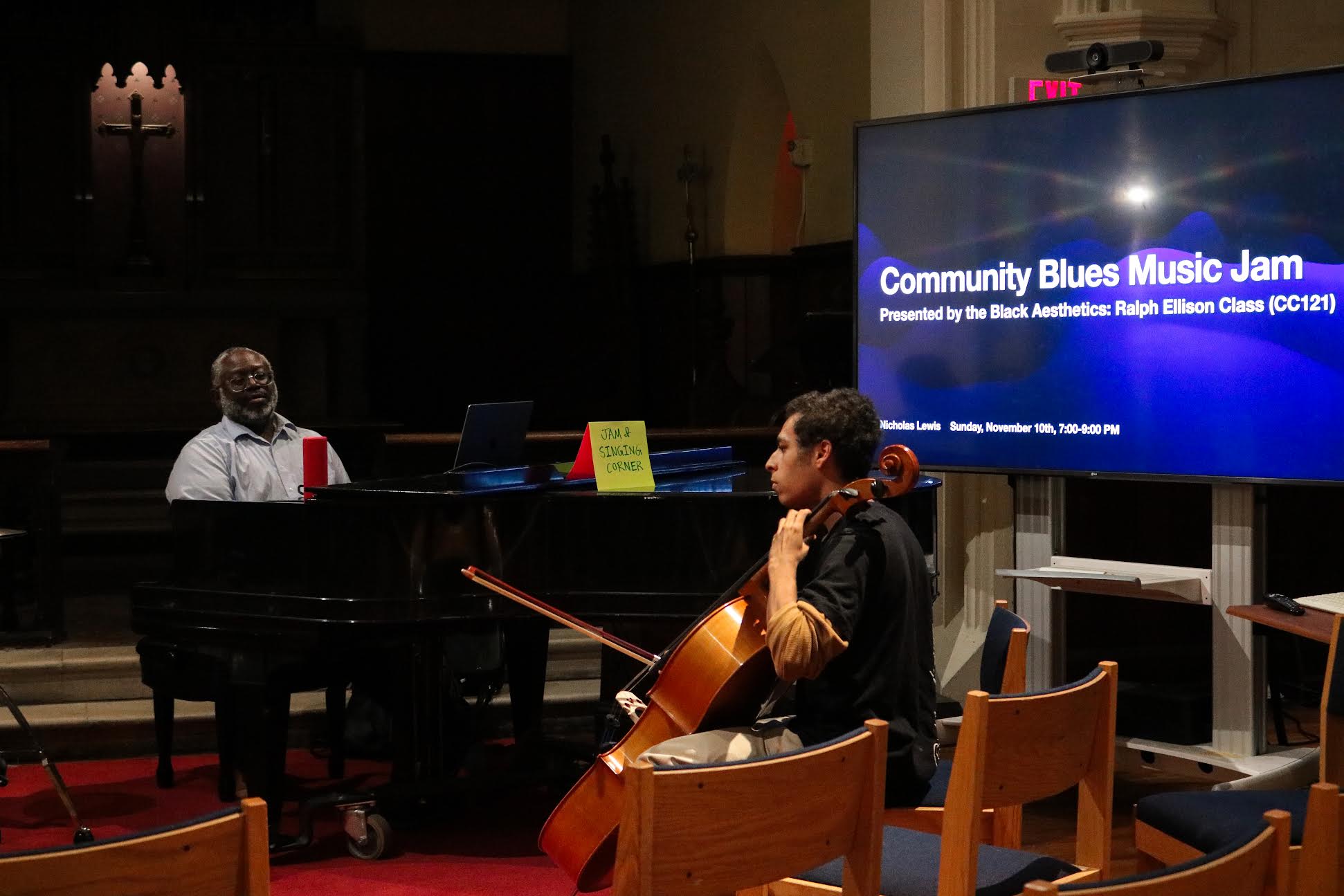 Professor Nicholas Lewis on piano and student Max Jackson on cello at the Community Blues Music Jam