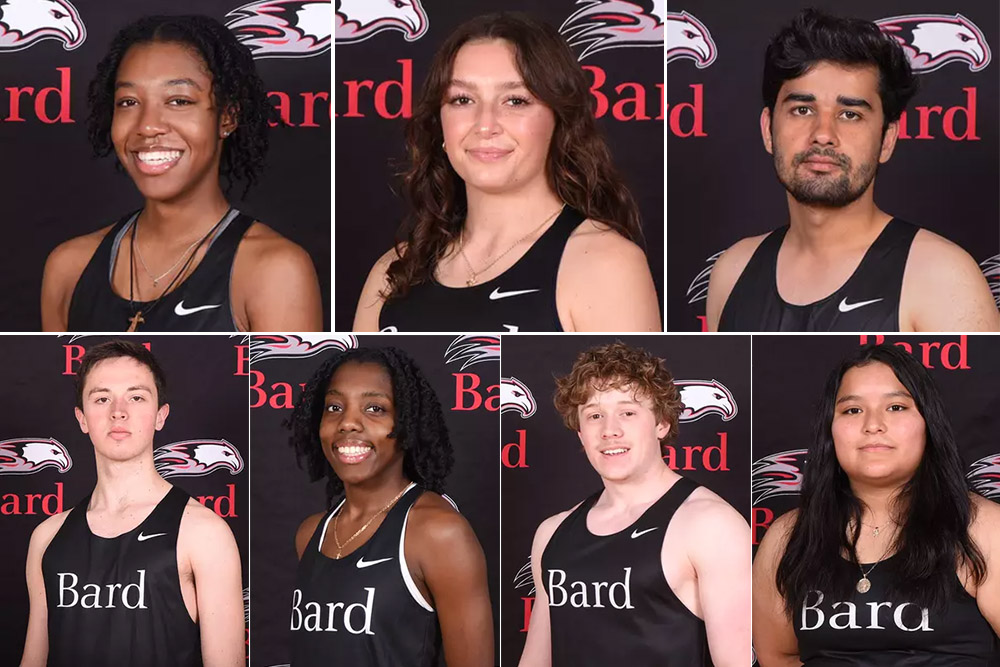 Seven students in Bard athletic jerseys