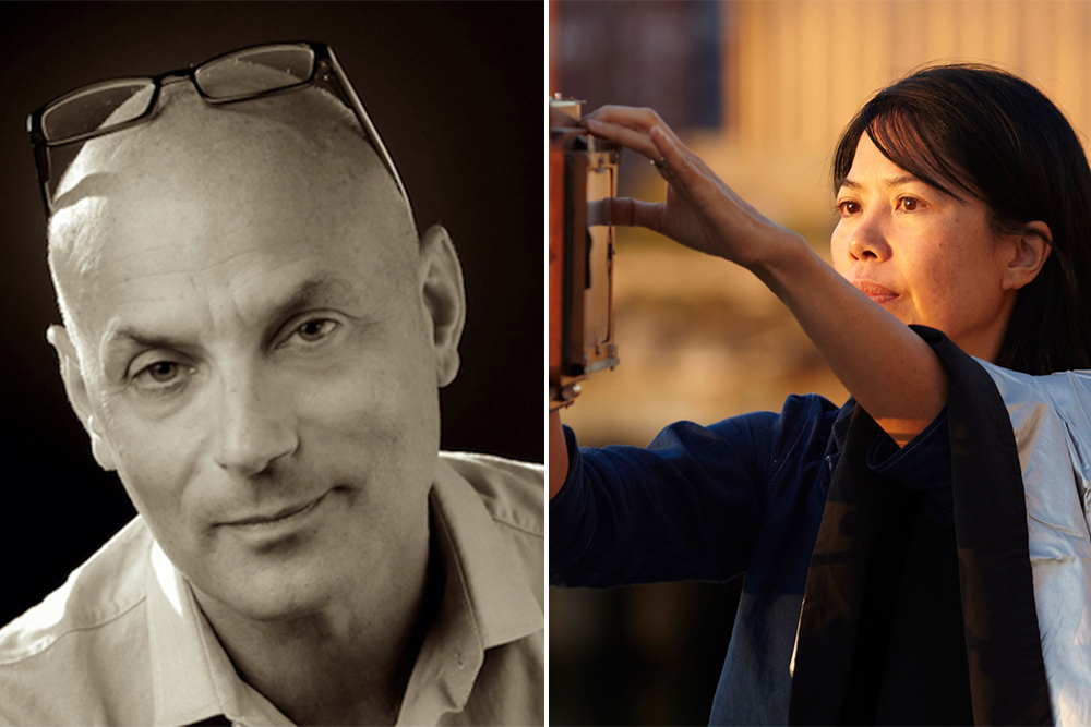 Left, a black and white photo of a man looking at the viewer. Right, a woman adjusting a camera.