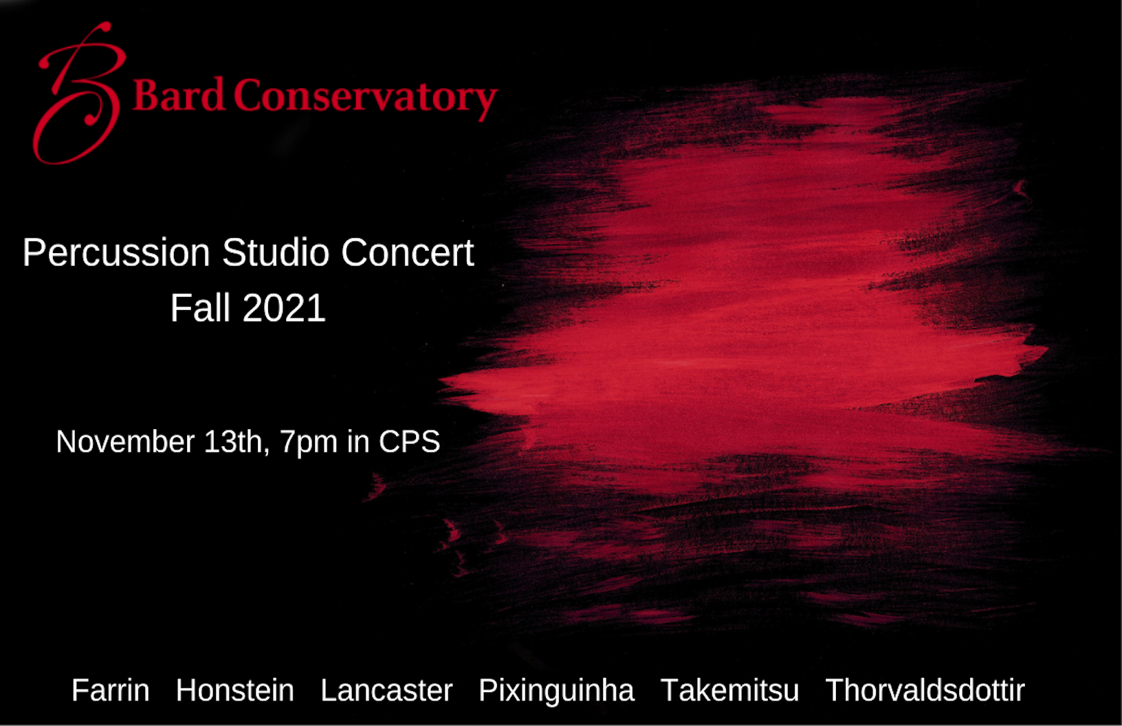 Percussion Studio ConcertWorks by Takemitsu,&nbsp;Anna Thorvaldsdottir,&nbsp;Pixinguinha, Suzanne Ferrin, and more....