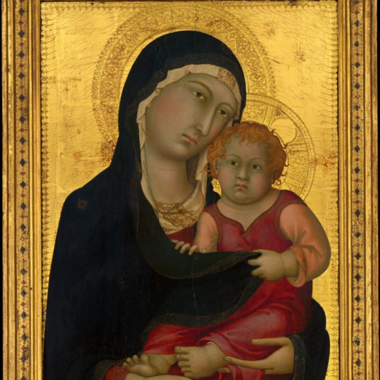 A Sienese painting of a woman holding her child in front of a gold backdrop.; Visit https://ton.bard.edu/events/wagner/