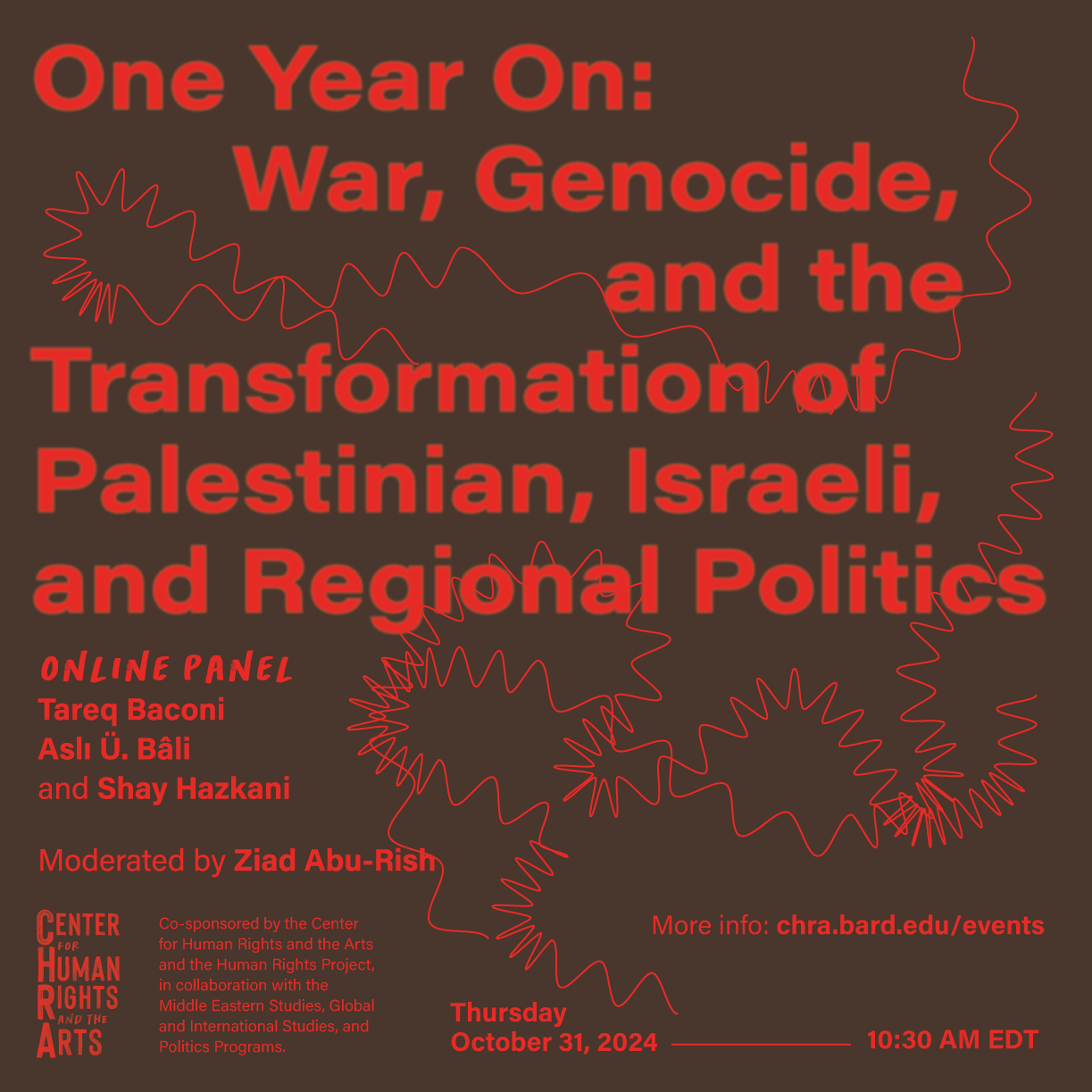 One Year On: War, Genocide, and the Transformation of Palestinian, Israeli, and Regional Politics; Visit https://chra.bard.edu/event/one-year-on-war-genocide-2/