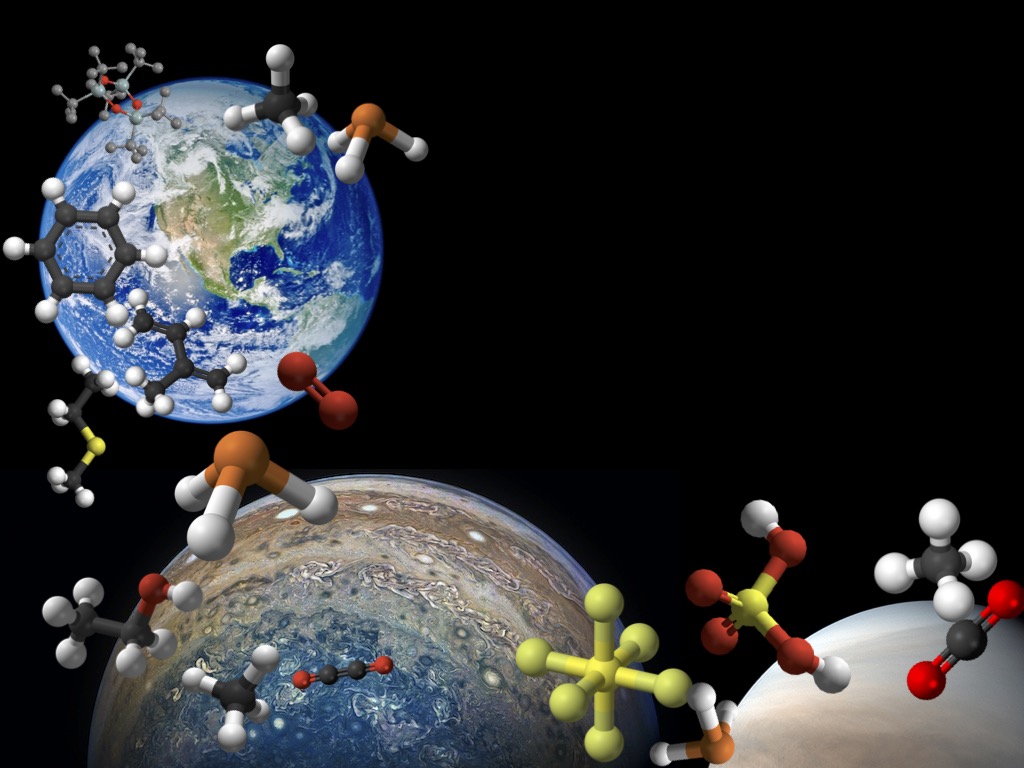 A graphic of three planets covered in molecules.; Alien Biospheres