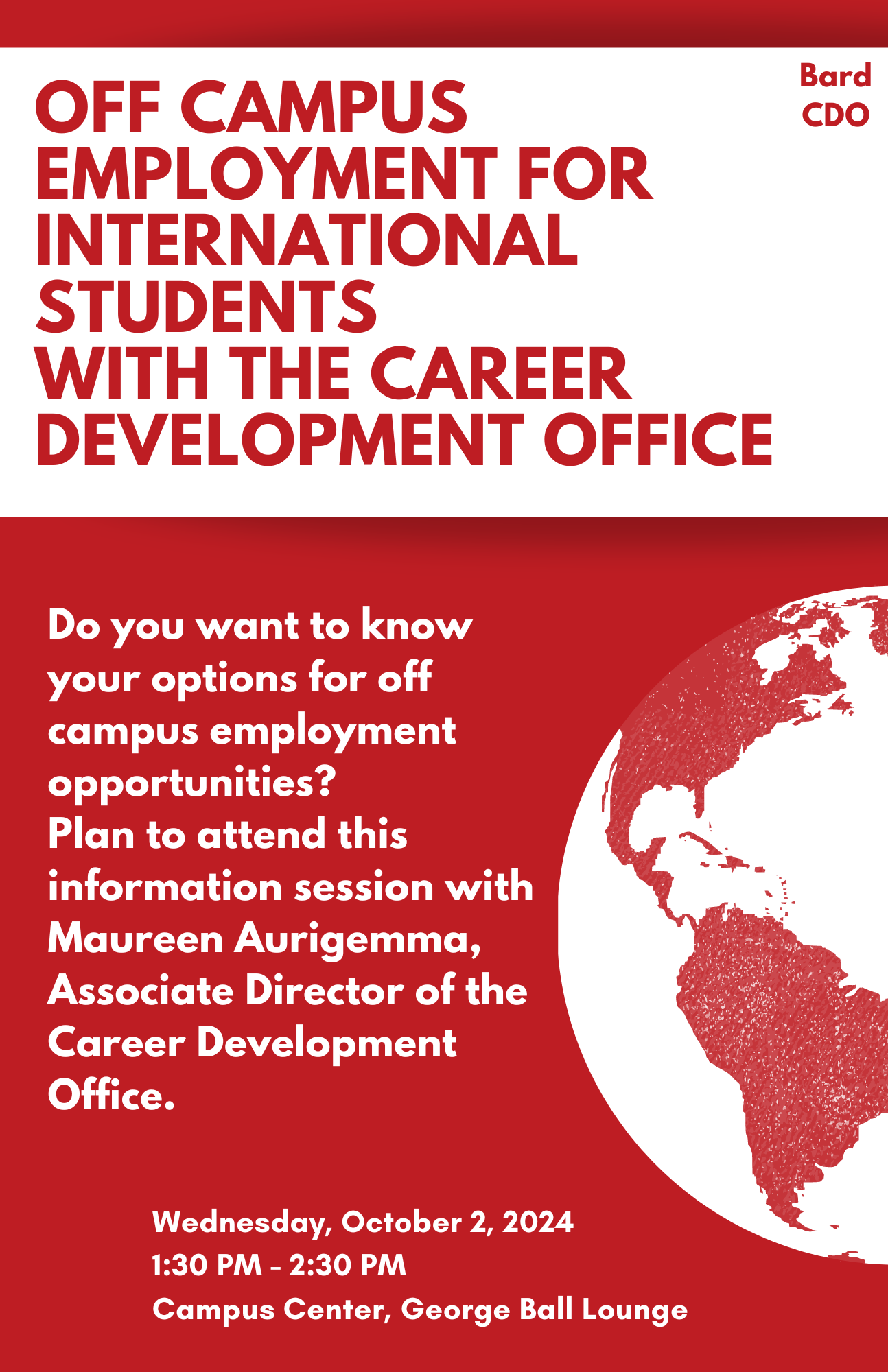 A poster for an event about off-campus employment at Bard.; Off Campus Employment for International Students