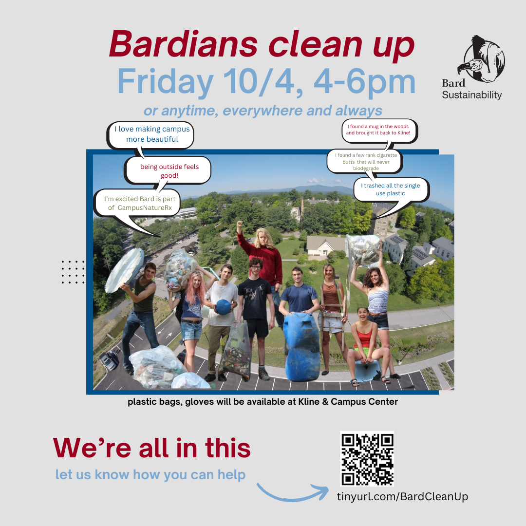 Bardians clean up information with a photo image from prior river clean up event.; Visit https://tinyurl.com/Bardcleanup