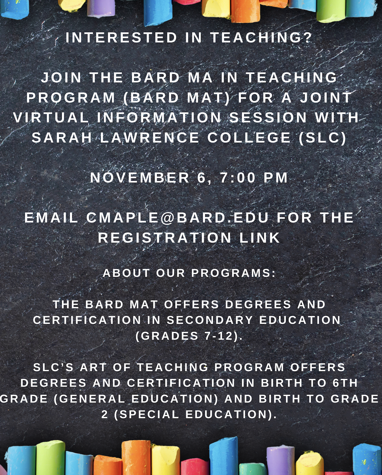 A flyer for the MAT info session titled "Interested in Teaching?"; Visit https://apply.slc.edu/register/?id=f8919199-09f9-443b-91b4-68ed24031bee