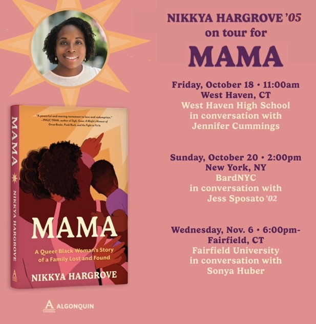 A flyer for Nikkya Hargrove '05 on tour for "Mama".; Visit https://bardian.bard.edu/register/NH05-mama