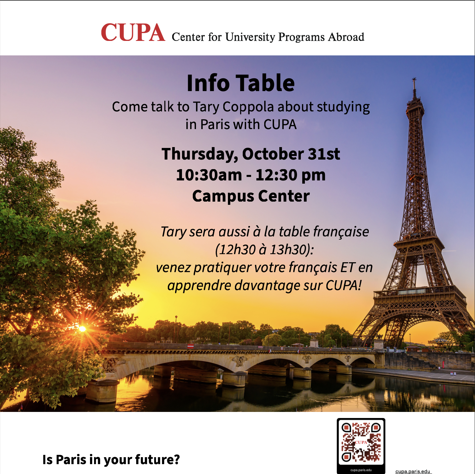 Paris study abroad info table; Visit https://cupa.paris.edu/