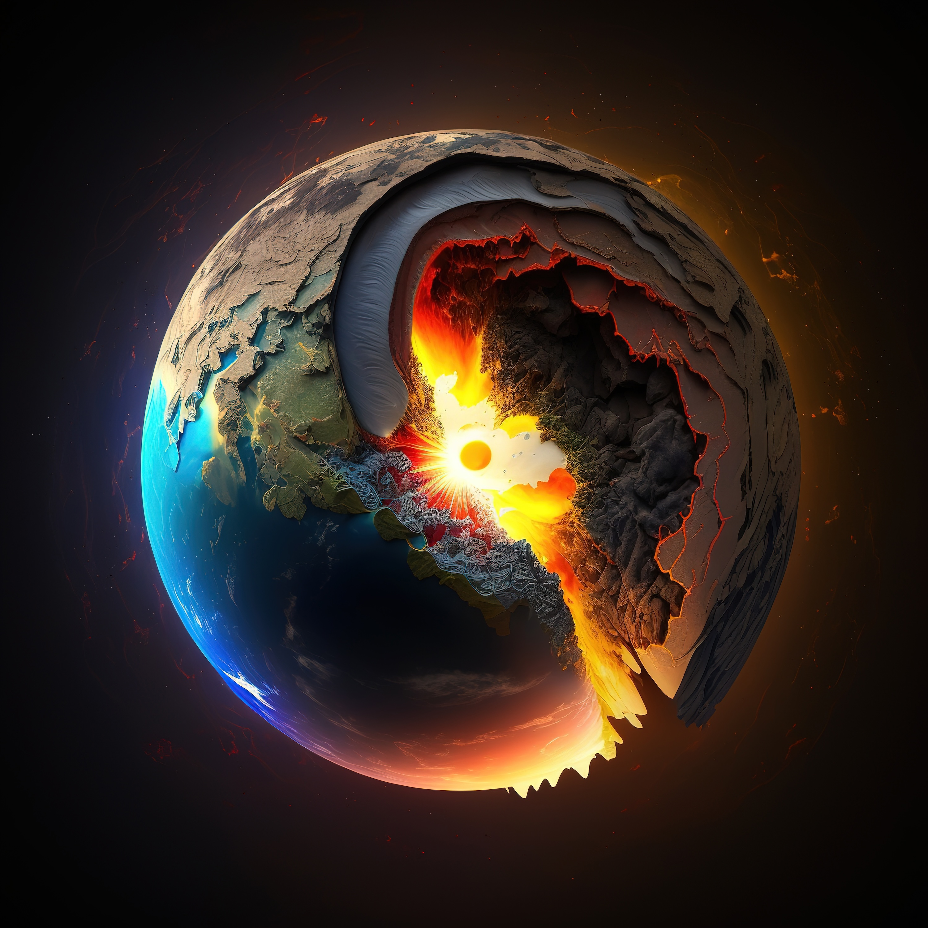 An abstract imge of the earth with a molten core in the middle.; Journey to the Center of the Earth