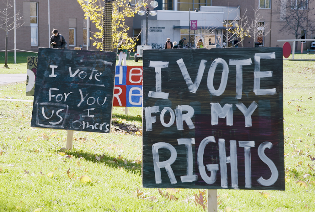 Signs for voting, the front one reads "I vote for my rights."; &quot;A Poll to Call Our Own: The Bard Voting Story&quot; Documentary Premiere