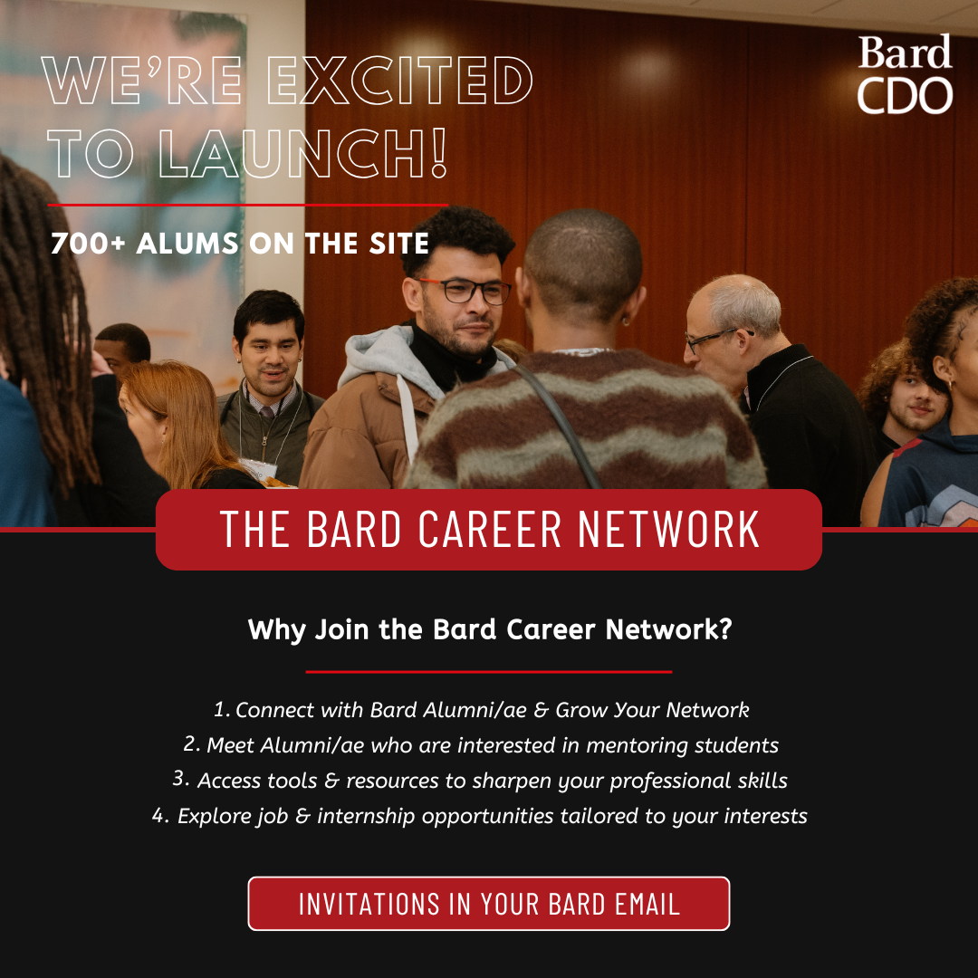 A flyer for the Bard Career Network, with an image of several young men speaking to older alumni.; Join the Bard Career Network: Table &amp; Drop-In Lab!