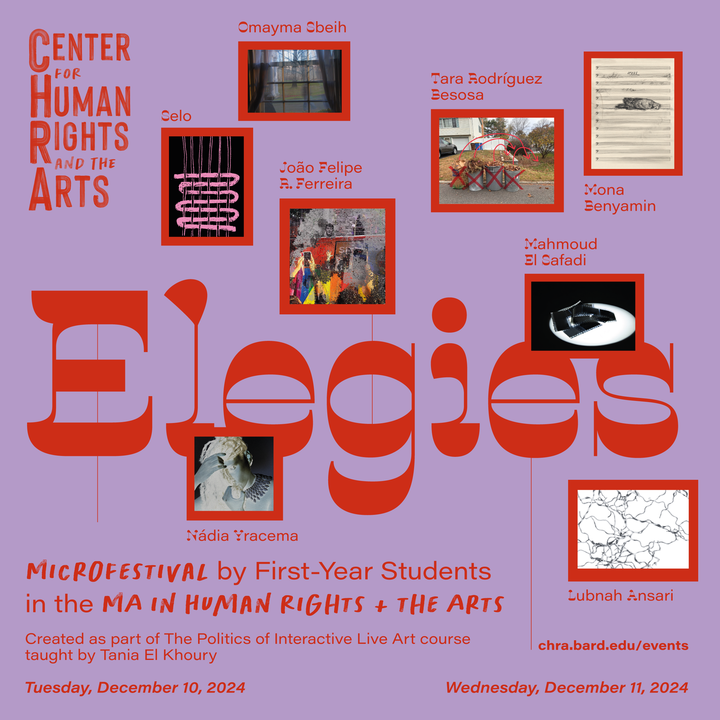 A flyer for the Elegies microfestival.; Visit https://chra.bard.edu/event/elegies-microfestival/