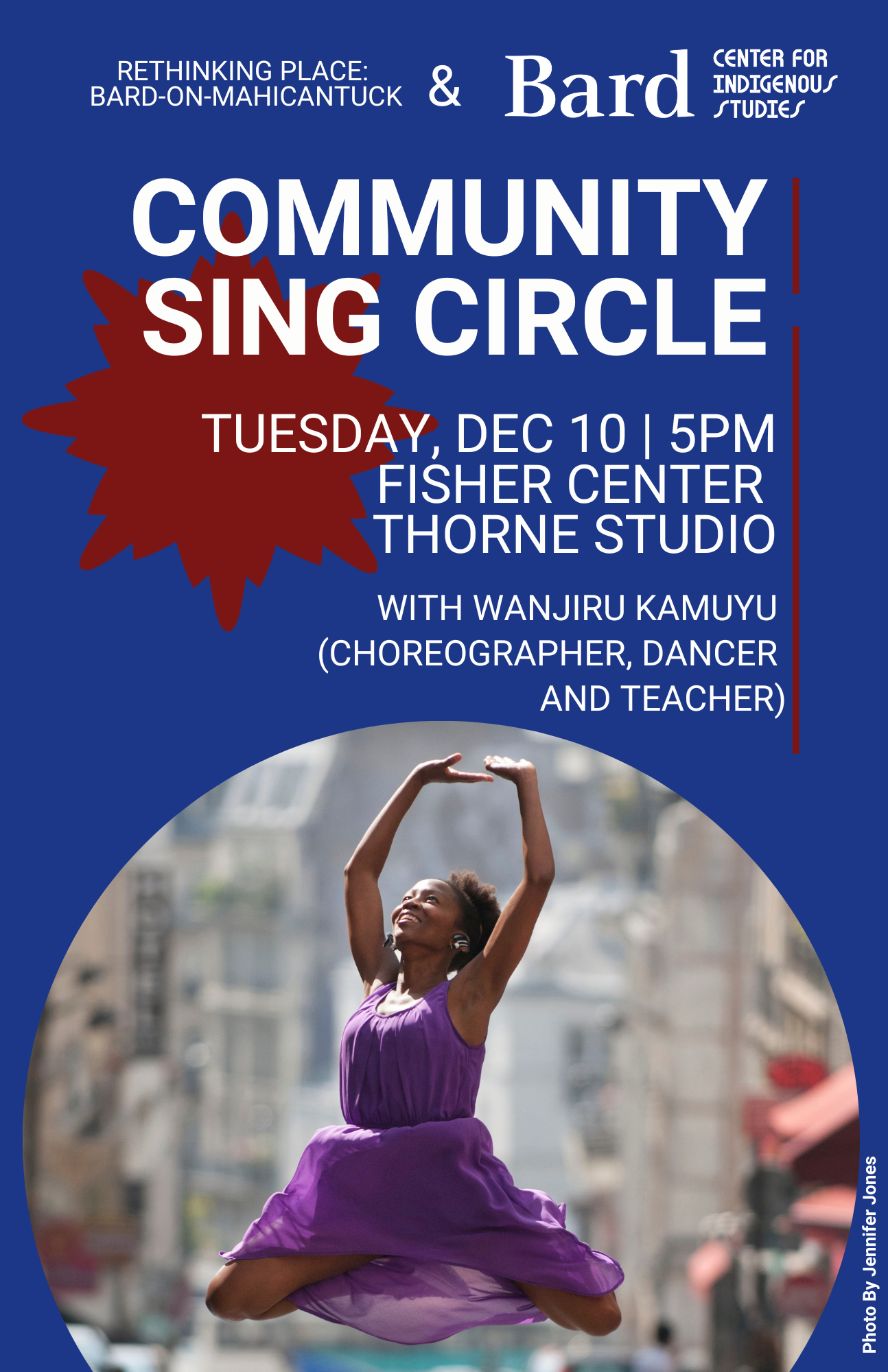 A poster for the community sing circle, with Wanjiru jumping in a purple dress.; Community Sing Circle